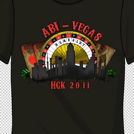 Gruenes T-Shirt mit Abschlussdesign 2011, Vegas-Thema, Skyline und Spielkarten-Elementen.