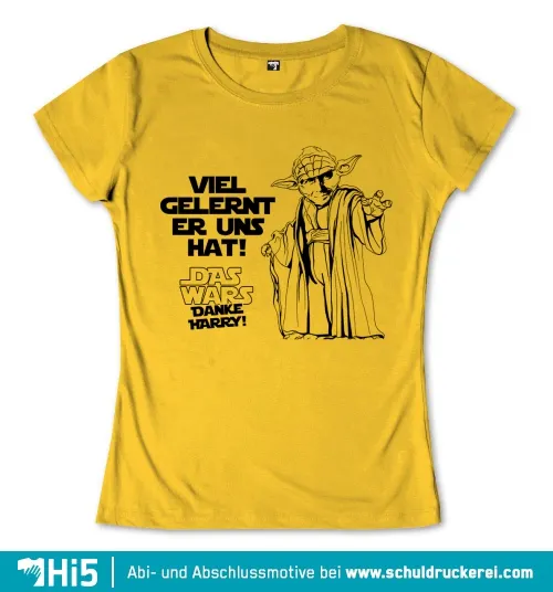 Illustration von Yoda mit Umhang auf gelbem Hintergrund, Text: "Viel gelernt er uns hat! Das wars Danke Harry!"