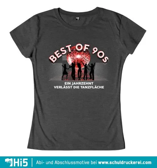 Silhouetten von fünf Personen tanzen unter einer Diskokugel mit dem Text "Best of 90s".