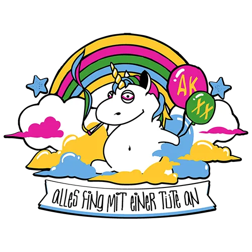 Ein Einhorn, das auf Wolken sitzt, hält drei bunte Luftballons unter einem Regenbogen.