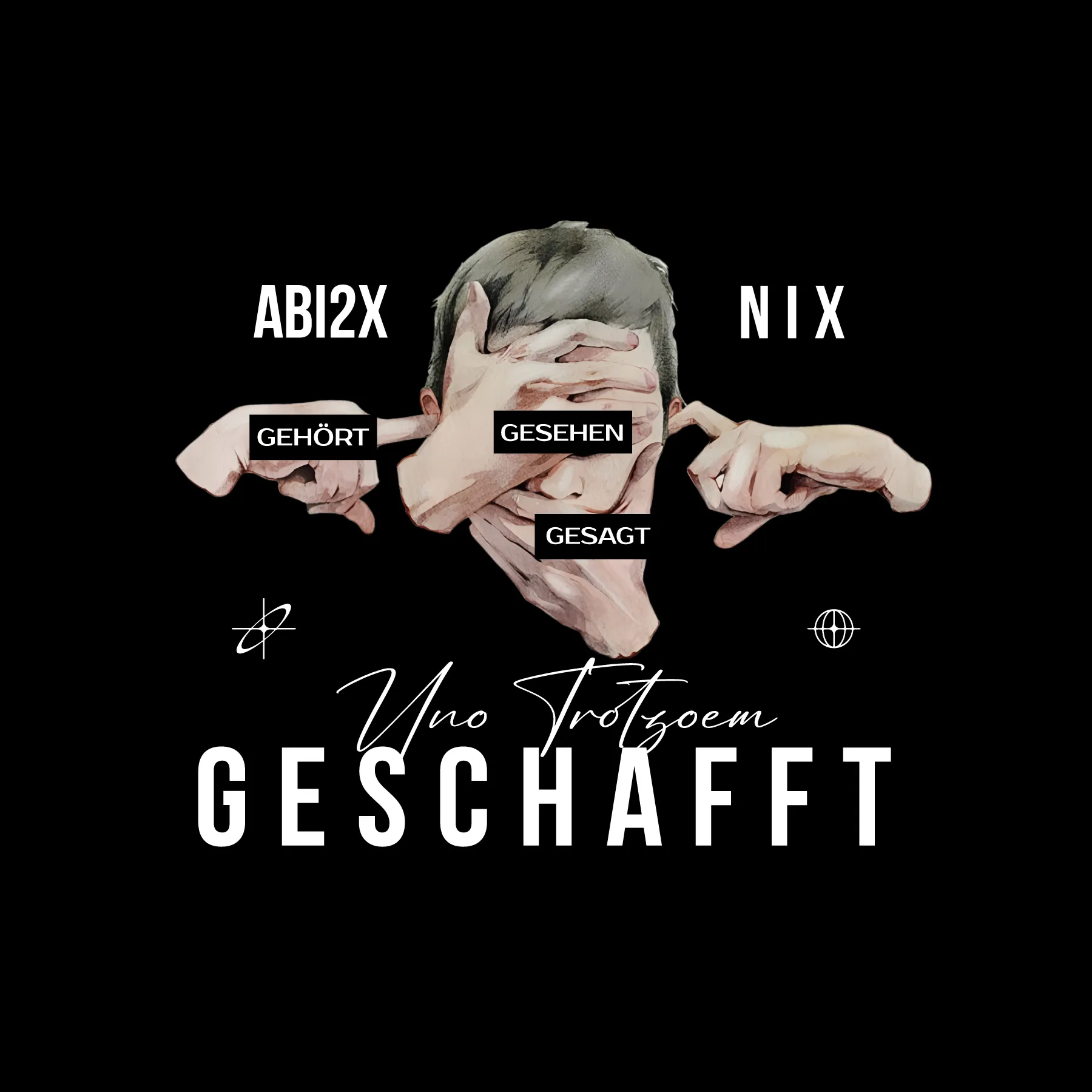 Illustration eines Gesichts mit Händen die Augen Ohren Mund bedecken Worte gehoert gesehen gesagt ABI2X NIX und darunter Und trotzdem geschafft