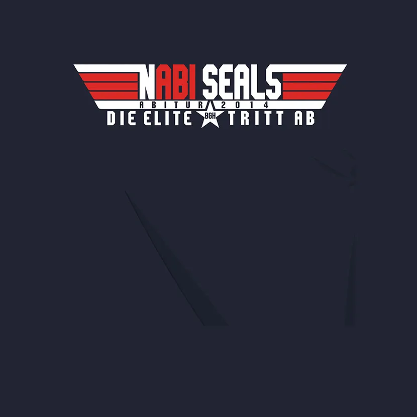 Logo mit Text "NABI SEALS Abitur 2014 - Die Elite tritt ab" in Rot und Weiß auf dunkelblauem Hintergrund.