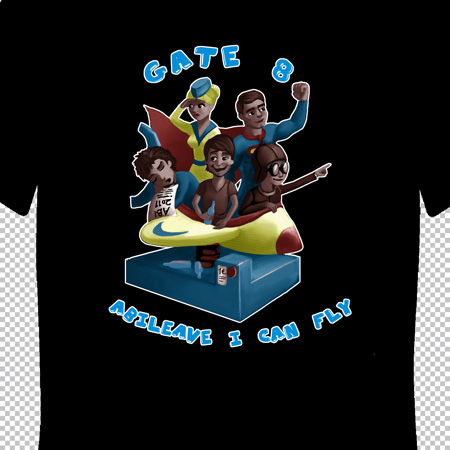 Illustration of five diverse children flying over a magic book with the text "Gate 8 Believe I Can Fly".