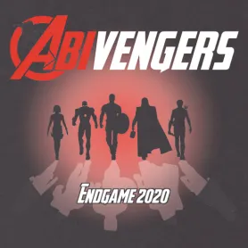 Rotes, rundes Logo mit weißen Silhouetten verschiedener Figuren und dem Text "Abivengers" sowie "Abi 2020".