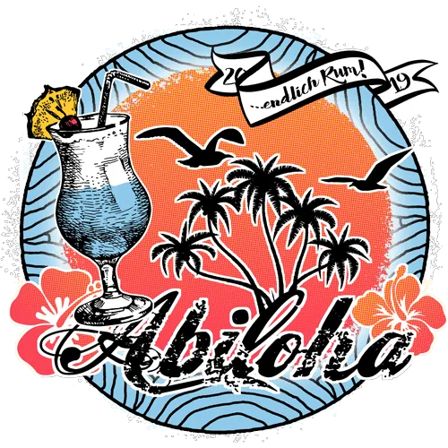 Grafik mit Cocktailglas, Palmen und Blumen auf orangefarbenem Kreis, Wort "Abilola".