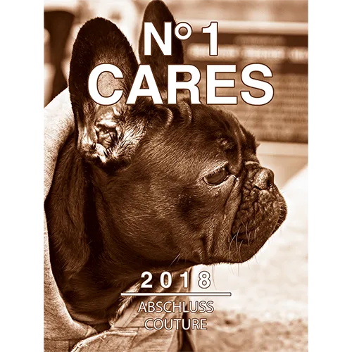 Profilansicht einer französischen Bulldogge in Sepia, Datum 2017 und Text "NO1 CARES" darüber.