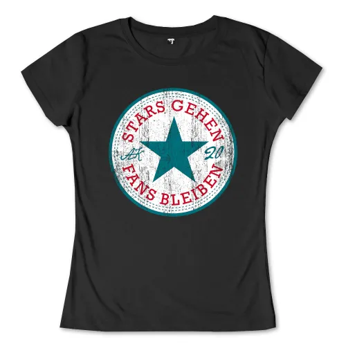 Rundes, abgenutztes Logo mit großem Stern und Text "STARS GEHEN FANS BLEIBEN" in einem Kreis.