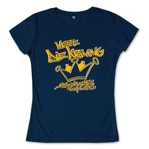 Gelbe Schrift und Krone auf blauem Hintergrund mit Text 'Heute die Kronung, Abschluss Royal 2012'.