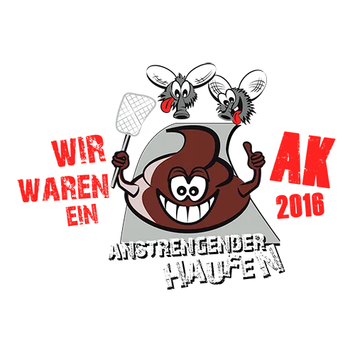 Karikatur von Tieren als Studierende, 'Wir waren ein amtirender Haufen AK 2016' Text, dunkler Hintergrund.