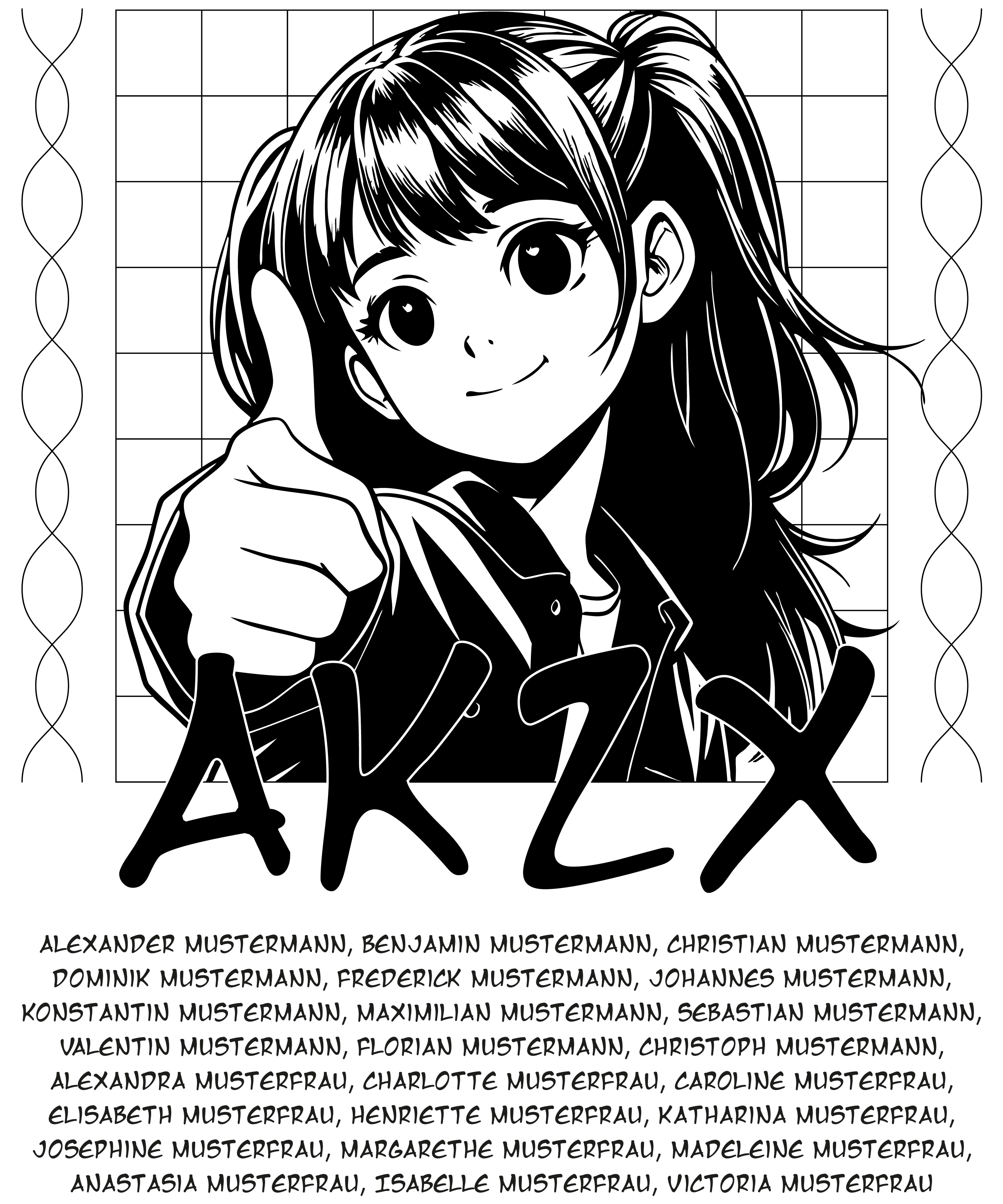 Schwarz hintergrund weisse grossbuchstaben AKZX oben und darunter mehrere zeilen mit verschiedenen Mustermann Namen