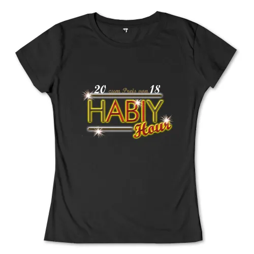 Glitzernder Schriftzug "Happy Hour" mit dem Text "20 zum Preis von 18" auf dunklem Hintergrund.