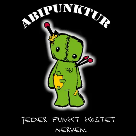 Illustration einer grünen Voodoo-Puppe mit Nadeln, unter dem Bogen "ABIPUNKTUR", Text unten sagt "Jeder Punkt kostet Nerven."