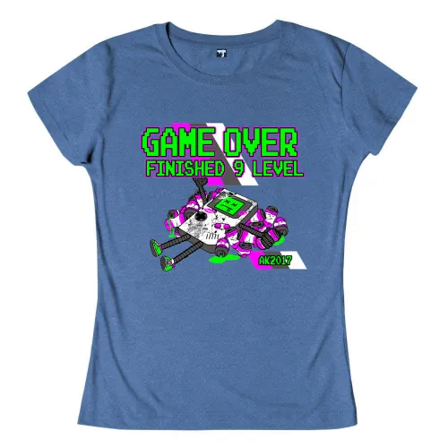 Illustration eines zerbrochenen Roboters mit dem Text "GAME OVER FINISHED 9 LEVEL".