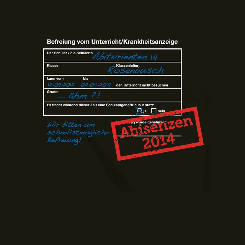 Formular für Krankheitsabmeldung eines Schülers mit rotem Stempel 'Abwesend 2014'.