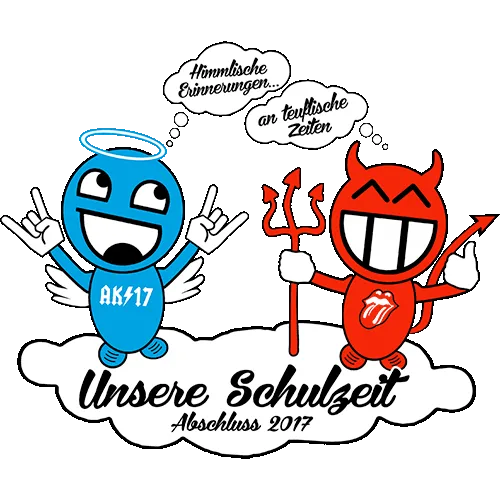 Zwei Cartoon-Charaktere, einer blau und einer rot, auf grauem Hintergrund, Text "Unsere Schulzeit Abschluss 2017".