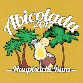 Grafisches Logo mit der Aufschrift 'Abicolada 2017', einem Cocktailglas, Palmen und dem Spruch 'Hauptsache Rum'.