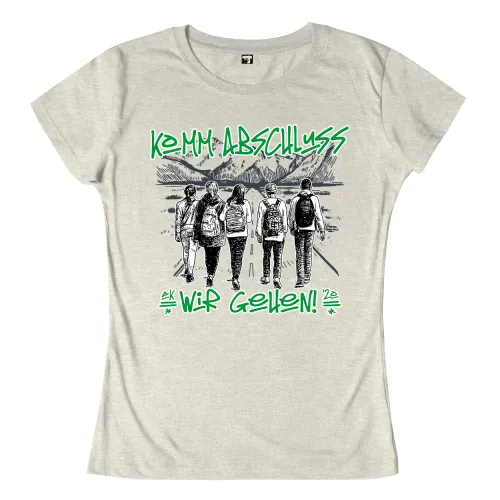 Fünf Jugendliche gehen nebeneinander, Rückenansicht, in Schwarz-Weiß gehalten, über Text "KOMM ABSCHLUSS - WIR GEHEN! '20*".