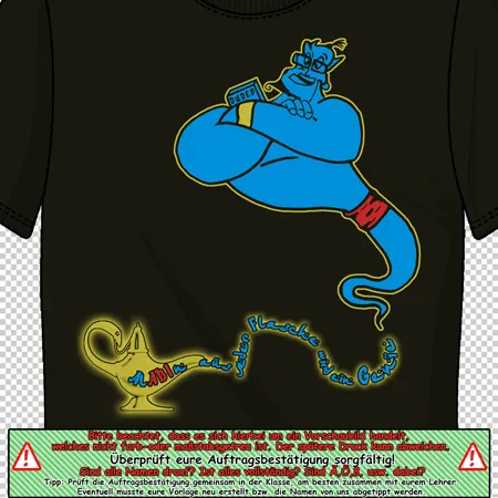 genie_auf_tshirt_mit_arabischen_schriftzeichen alabin aus jeder flasche wird ein genie design
