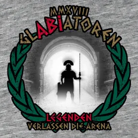 Silhouette eines Gladiators im Torbogen, umgeben von einem Lorbeerkranz und Text auf einem T-Shirt.