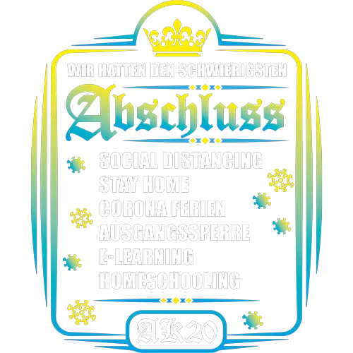 Schwarzes T-Shirt mit der Aufschrift "Wir hatten den schwierigsten Abschluss", Symbole und Wörtern bezüglich COVID-19.