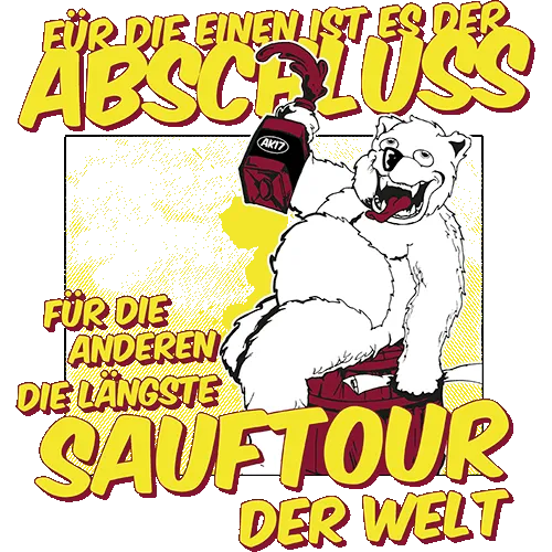 Illustration eines Eisbären, der eine Bierflasche hält, mit Spruch über Abschluss und Feiern.