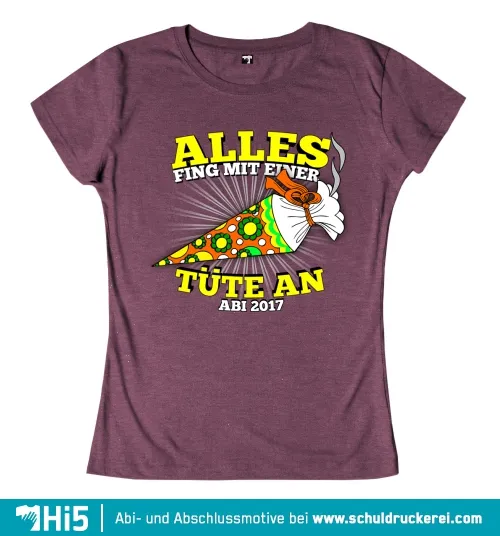 Design einer Schultüte mit Text "Alles fing mit einer Tüte an, Abi 2017" auf lila Hintergrund.