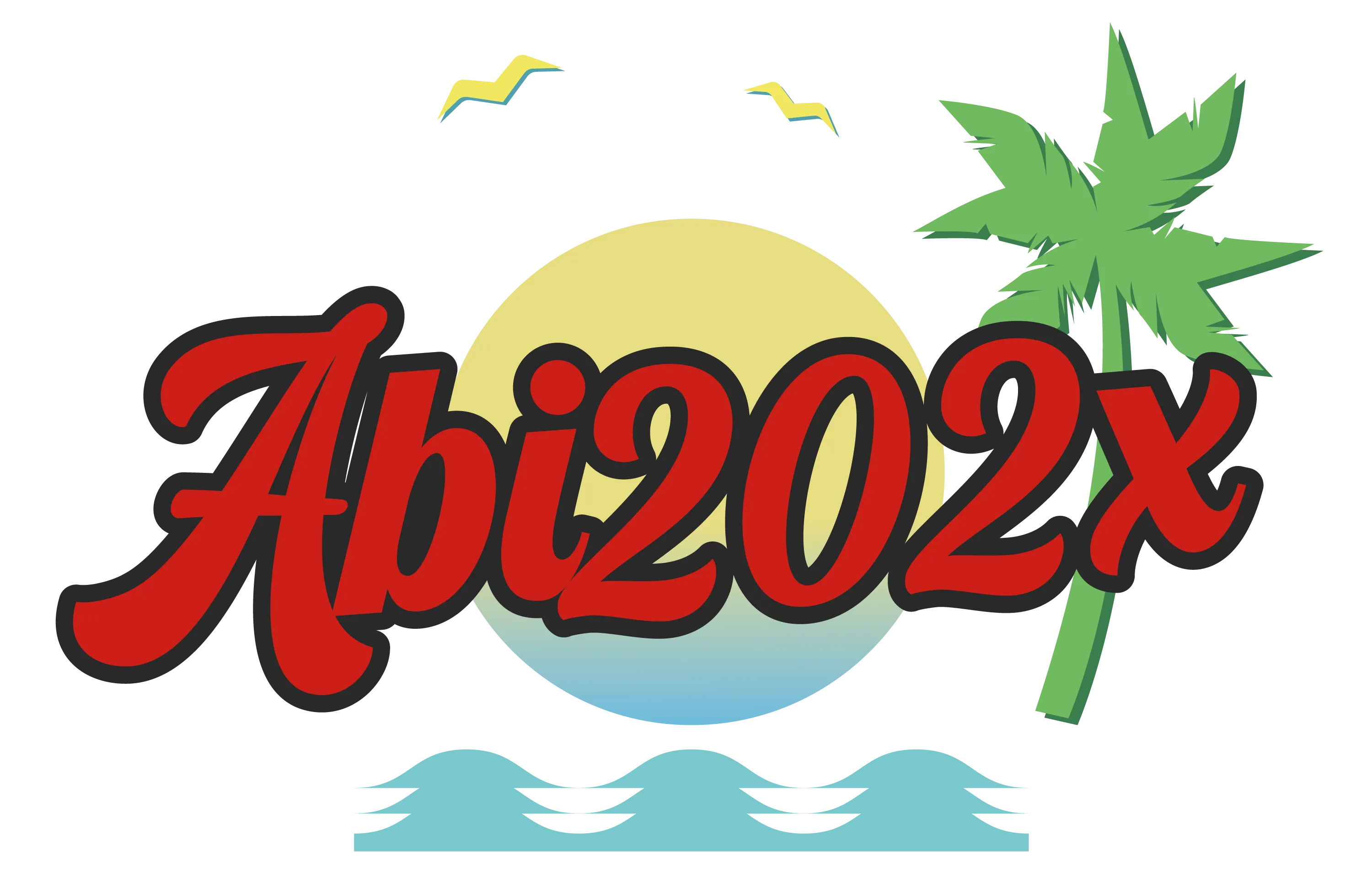 Roter Schriftzug Abi202x vor gelb bis blau verlaufendem Sonnenkreis darüber zwei stilisierte Vögel rechts eine grüne Palme unten drei blaue Wellen
