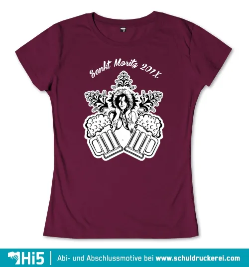 Grafik mit einer Frau in Winterkleidung umgeben von Sternen und zwei Bierkrügen, Text 'Sankt Moritz 202X'.