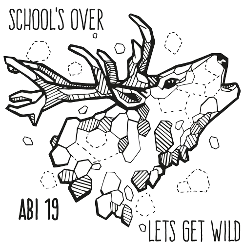 Schwarzes T-Shirt mit weißem grafischen Druck eines Hirsches, Text "School's Over" und "Let's Get Wild", "ABI 19".