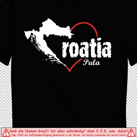 Schwarzes T-Shirt mit weißem "Croatia Pula" Schriftzug und Herz um die Silhouette von Kroatien.