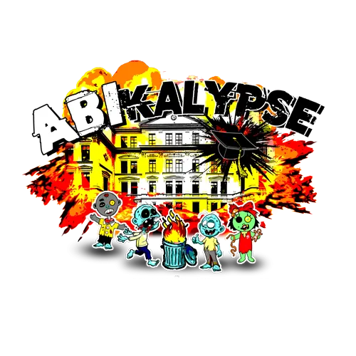Grafik mit 'Abikalypse' Text, Zombie-Schülern vor brennendem Schloss und Slogan 'Der Weltuntergang wäre einfacher gewesen'.