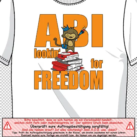 Eine Grafik auf einem T-Shirt mit einem Affen, der auf Büchern sitzt, umgeben von den Worten "ABI looking for FREEDOM".