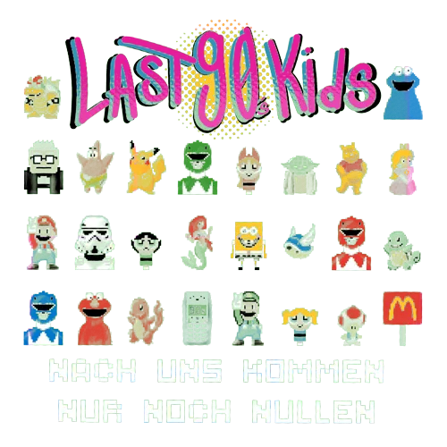 Verschiedene Cartoon- und Spielzeugfiguren aus den 90ern vor dunklem Hintergrund.