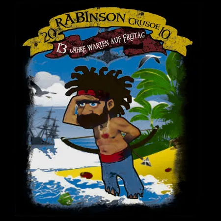 Illustration von Robinson Crusoe mit Bart und Stirnband, auf einer Insel, neben Palmen und einem Schiff.