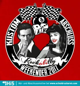 Plakat mit Text "Kustom Abschluss Rockabilly Weekender 2017", Porträts eines Mannes und einer Frau, roter Hintergrund.