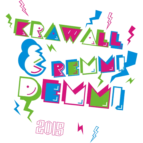 Buntes Design mit Worten "Crawl & Remmi Demmi Abschluss 2015" in lebhaften Farben auf schwarzem Hintergrund.