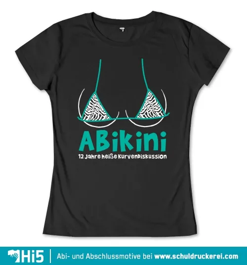 Grafik eines Bikini-Oberteils mit Zebramuster und dem Wortspiel "ABikini" darüber, plus Text "12 Jahre heiße Kurvendiskussion" auf schwarzem Hintergrund.