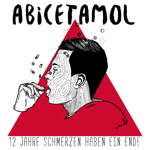 Illustration eines seitlichen Männerkopfs, roter Hintergrund, Wörter "ABICETAMOL".