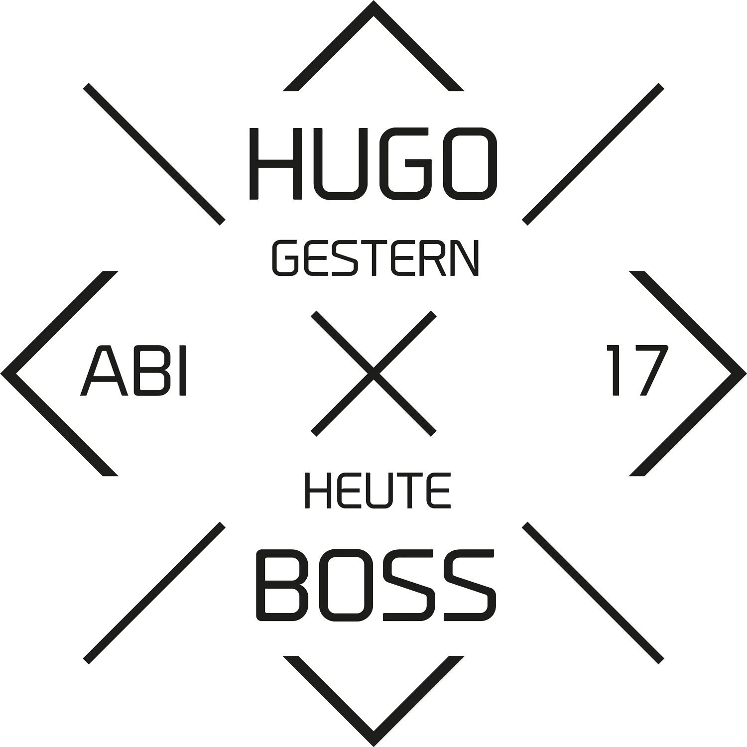 Geometrisches Design mit den Worten HUGO, GESTERN, ABI, HEUTE, BOSS und der Zahl 17.