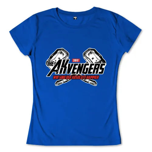 Blaues Logo mit zwei Hämmern, spielkartenähnlichen Bildern und Text "The Akvengers, 2017, Wir sind der absolute Hammer"