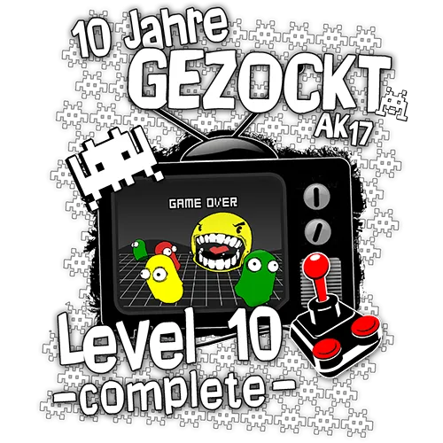 Grafik eines T-Shirts mit blauem Hintergrund: Retro-Spielautomat, Text "10 Jahre gezockt", "Game Over", "Level 10 complete".