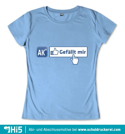 Blauer Hintergrund mit einem "Gefällt mir"-Button, AK14 und Mausklicksymbol.