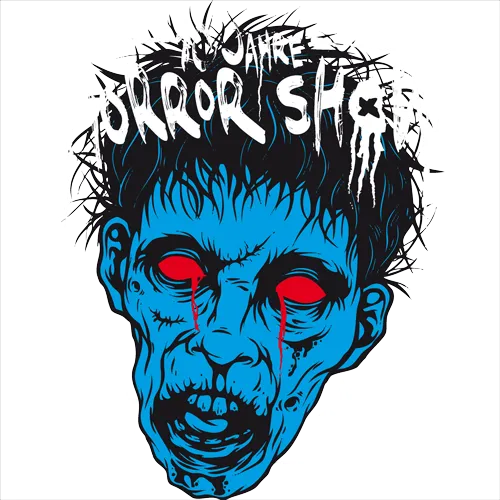 Grafik eines blauen Zombiekopfes mit roten Augen und Titel "10 Jahre Horror Show".