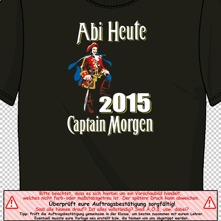 Schwarzes T-Shirt mit "Abi Heute 2015 Captain Morgen" Motiv und lustigem Superhelden.