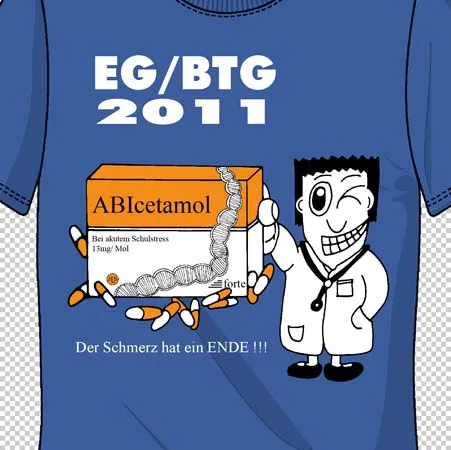 Design eines blauen T-Shirts mit Abbildung einer Packung und einer Cartoon-Figur in einem weißen Kittel.