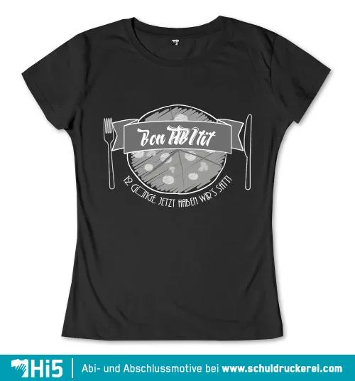 Graues grafisches Banner mit der Aufschrift "Bon Appétit" umgeben von Besteck und Tellerdetails.