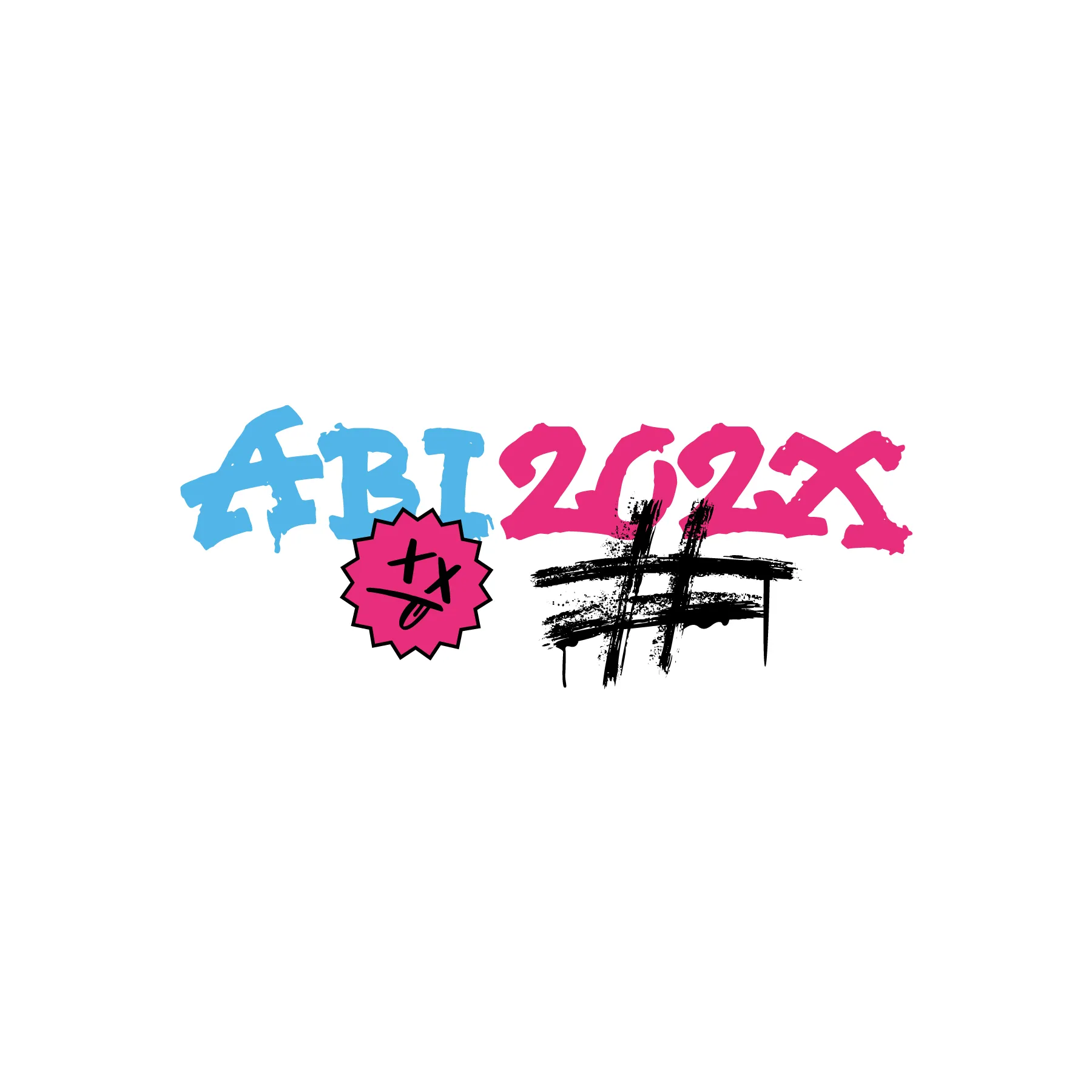 Graffitiartige blaue Buchstaben ABT neben pinker Ziffernfolge 202X darunter schwarzer Grunge Hashtag und rosa Smiley mit gekreuzten Augen und Zunge