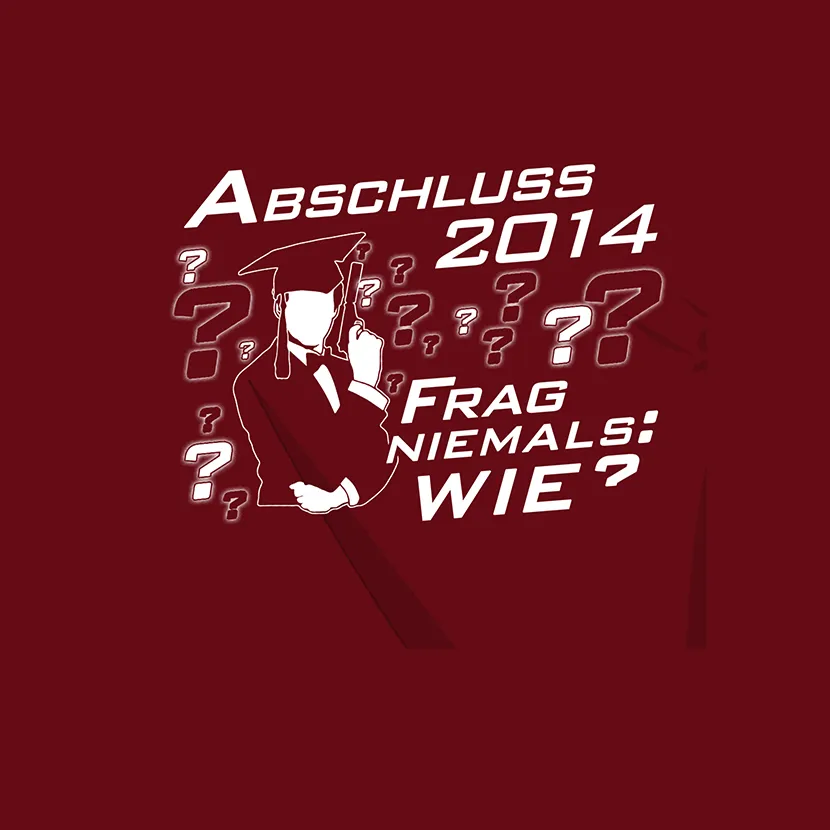 Grafische Darstellung mit Absolvent, Text "Abschluss 2014" und Fragezeichen auf rotem Hintergrund.