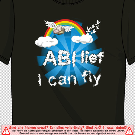 Schwarzes T-Shirt mit Grafik eines Regenbogens, Wolken und der Aufschrift "ABC I can fly".