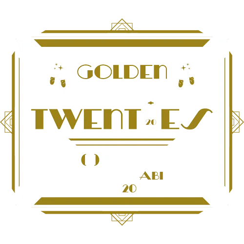 Grafisches T-Shirt-Design mit der Aufschrift 'Golden Twenties Glanzvoll durchs Abi 2020' in einem Art-Deco-Rahmen.